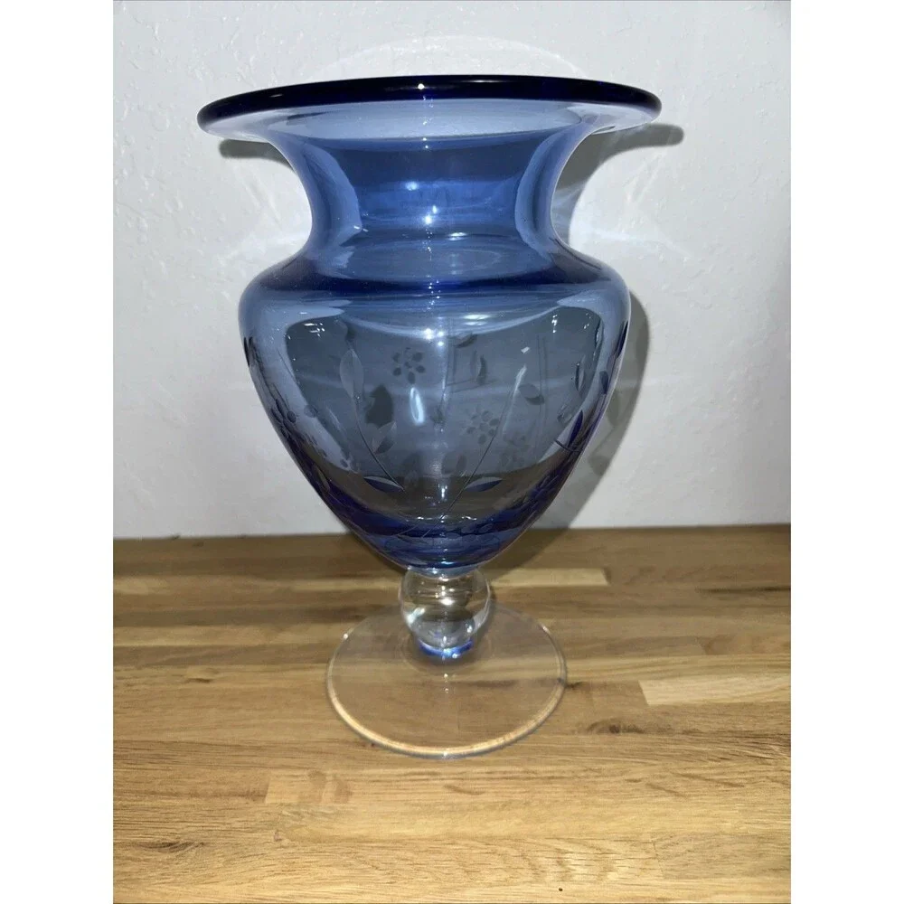 Tiffin Blue Etched Floral Footed Blown Glass Vase w/ Ball Stem
